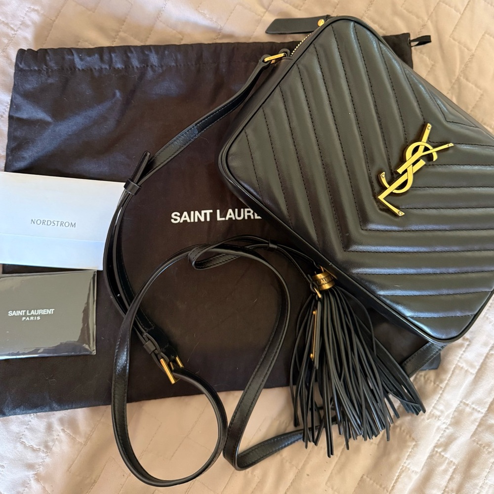 Saint Laurent Black Quilted Crossbody Bag with Gold Accents